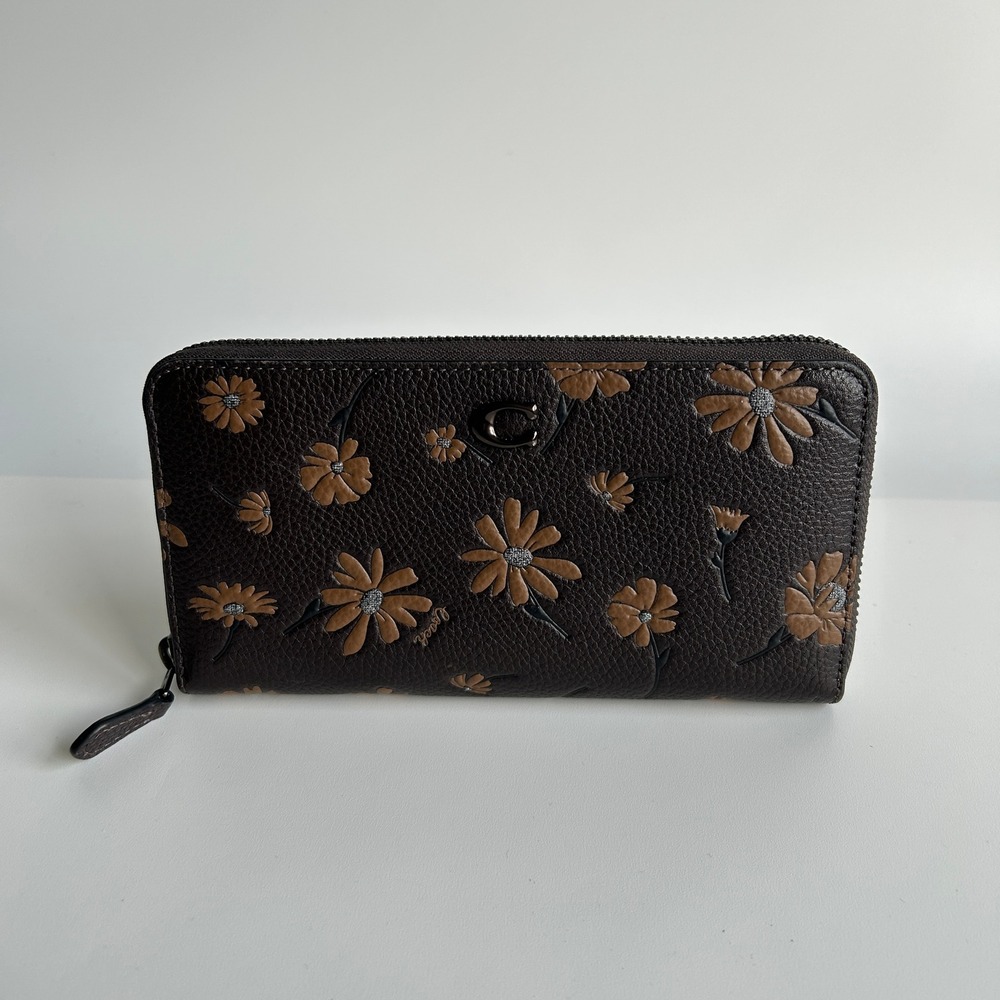 Coach Accordion Zip Wallet Pewter Pebble Leather Floral Print CE776